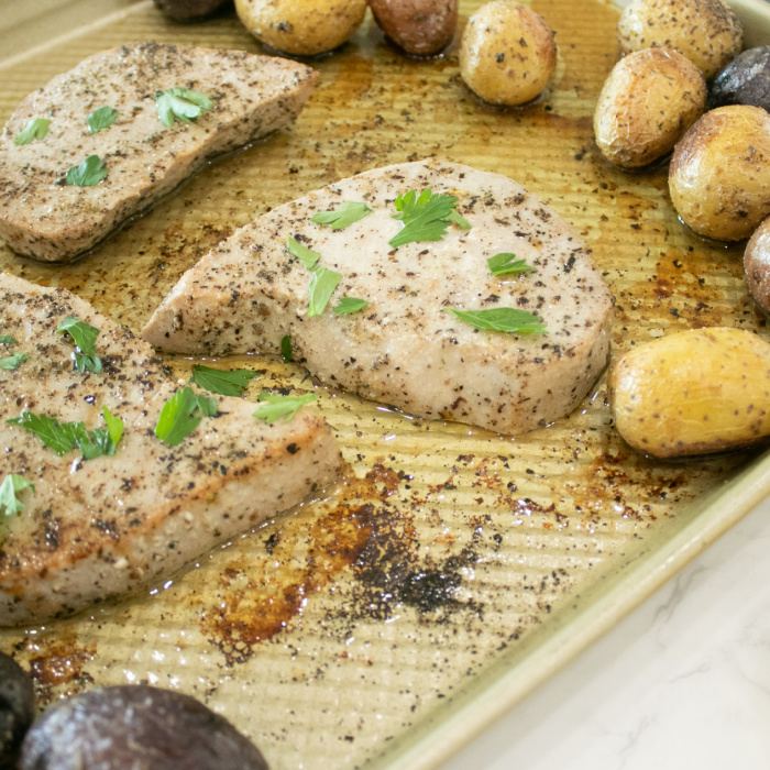 tuna steaks on sheet pan with potatoes